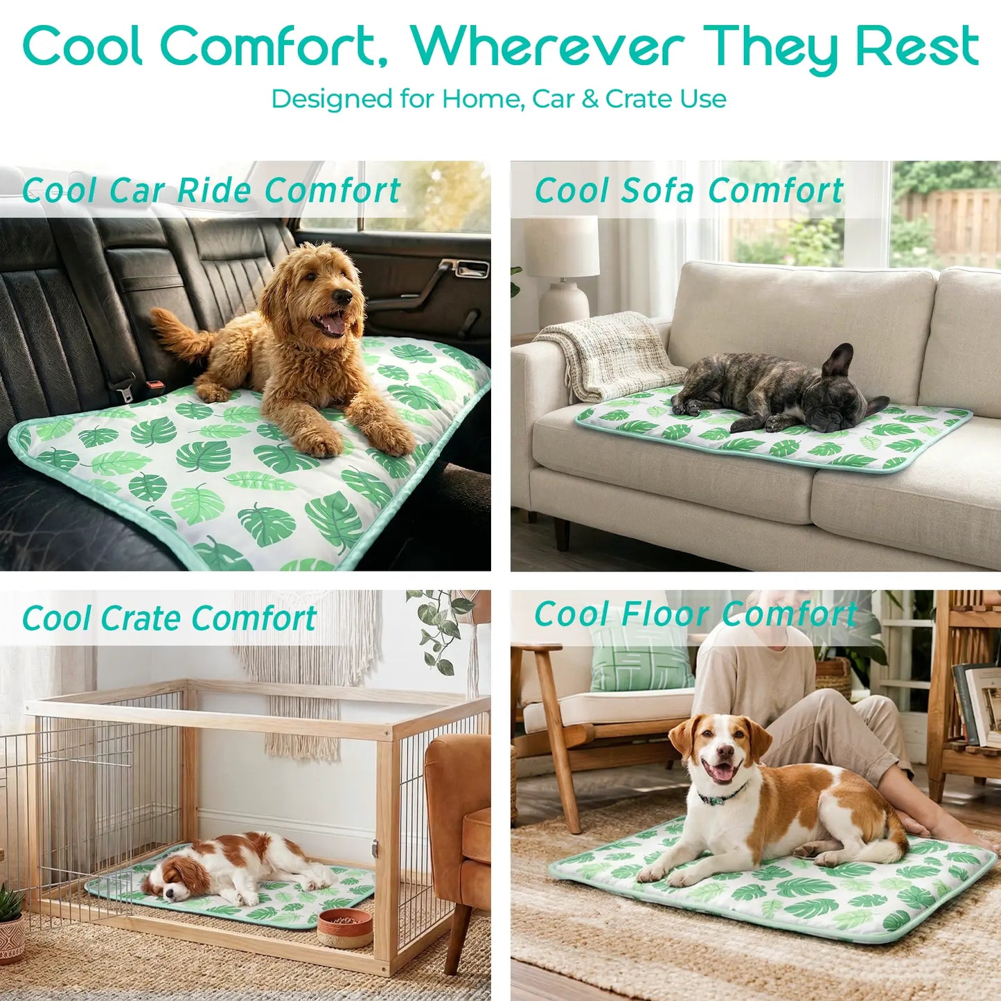 Dog and Cat Cooling Mat - Soft, Breathable, Self-Cooling Pad for Pet Beds, 23" x 18", Washable, Non-Slip Design for Indoor and Outdoor Use, Leaf Pattern