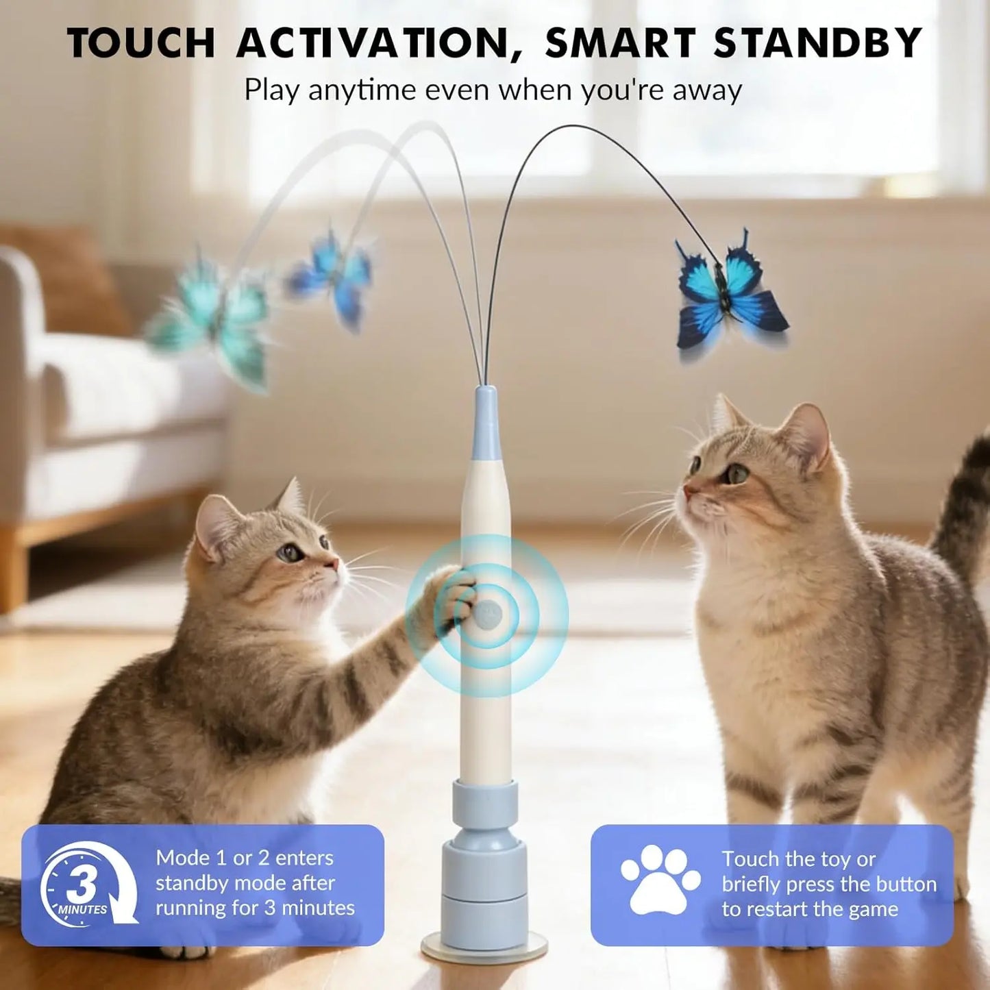 USB Rechargeable Rotating Butterfly Cat Toy with 360° Spin and Random Movement - Dual Modes for Self-Play and Handheld Use, Featuring a Durable Suction Cup Base for Kittens and Adult Cats