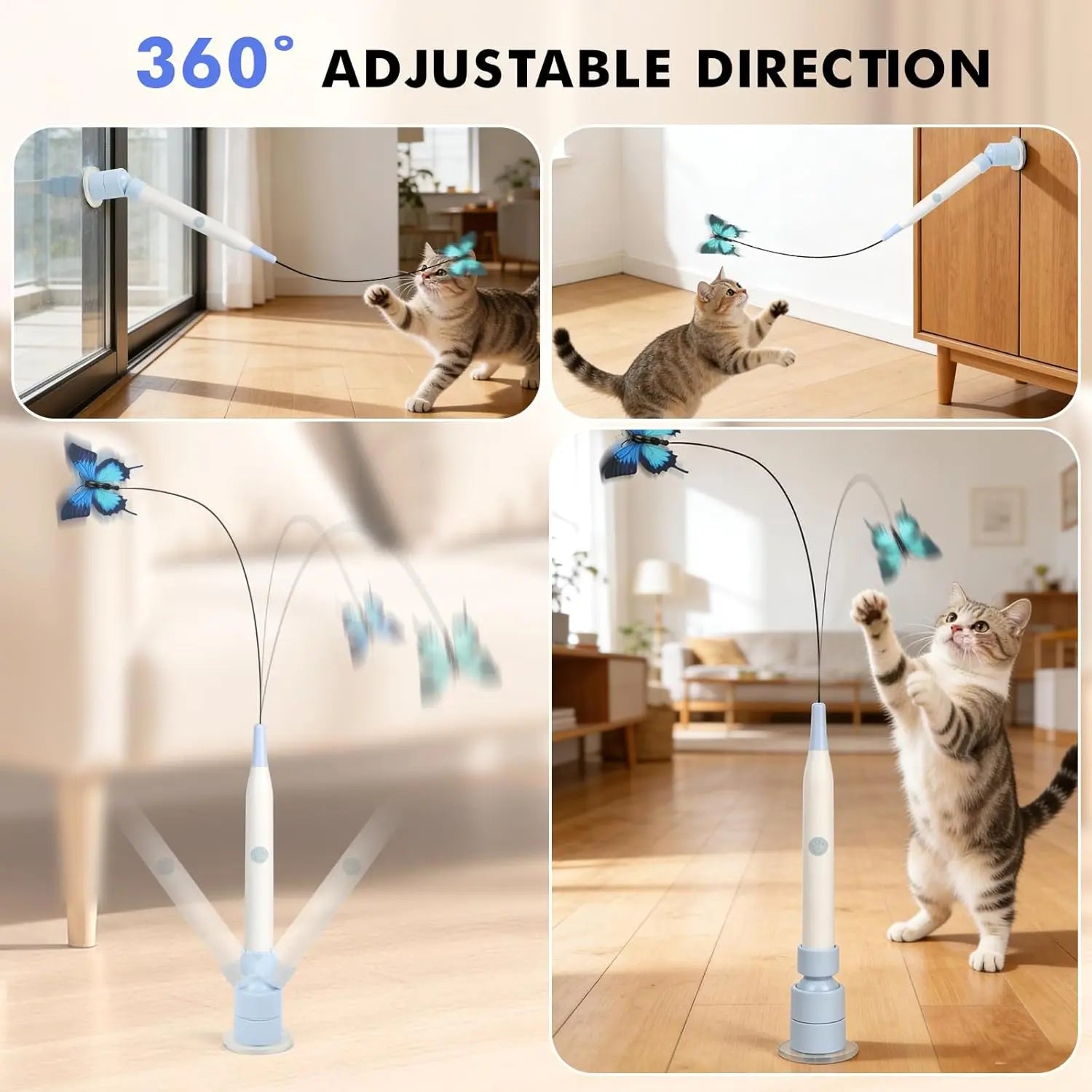 USB Rechargeable Rotating Butterfly Cat Toy with 360° Spin and Random Movement - Dual Modes for Self-Play and Handheld Use, Featuring a Durable Suction Cup Base for Kittens and Adult Cats