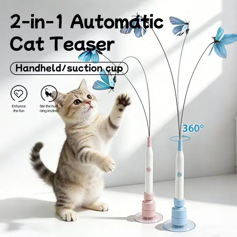 USB Rechargeable Rotating Butterfly Cat Toy with 360° Spin and Random Movement - Dual Modes for Self-Play and Handheld Use, Featuring a Durable Suction Cup Base for Kittens and Adult Cats