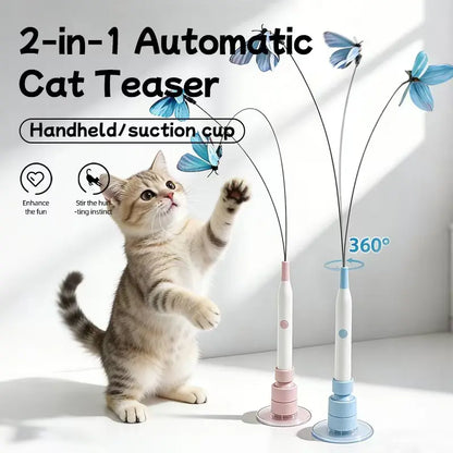 USB Rechargeable Rotating Butterfly Cat Toy with 360° Spin and Random Movement - Dual Modes for Self-Play and Handheld Use, Featuring a Durable Suction Cup Base for Kittens and Adult Cats