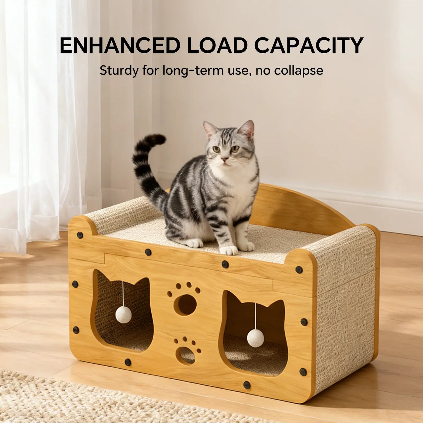 Compact Wooden Base Cat Furniture with Geometric Design, Detachable Components, Durable Construction, Spacious Bed, Indoor Scratching Tree, Natural Sisal Scratcher, and Interactive Ball Toy