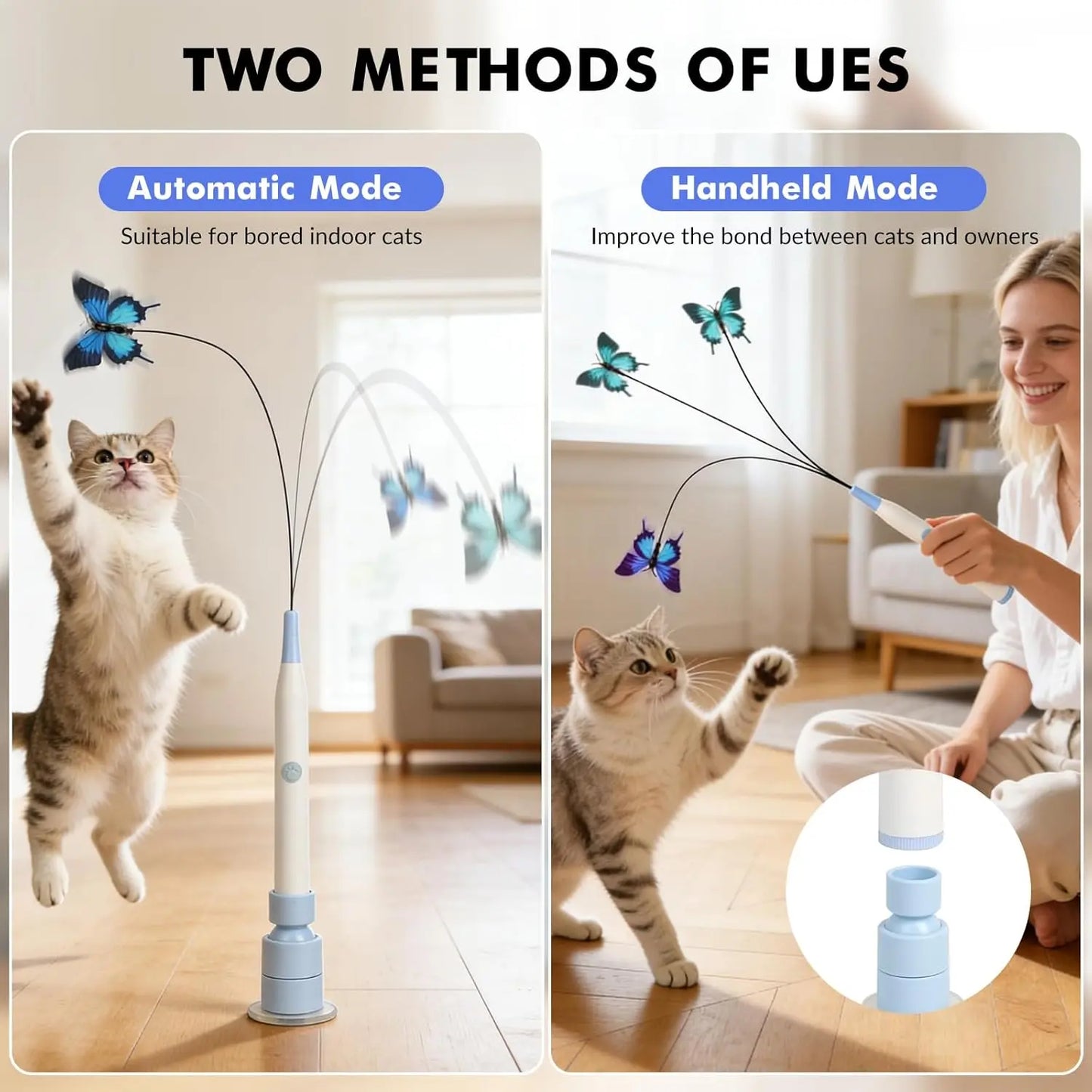 USB Rechargeable Rotating Butterfly Cat Toy with 360° Spin and Random Movement - Dual Modes for Self-Play and Handheld Use, Featuring a Durable Suction Cup Base for Kittens and Adult Cats