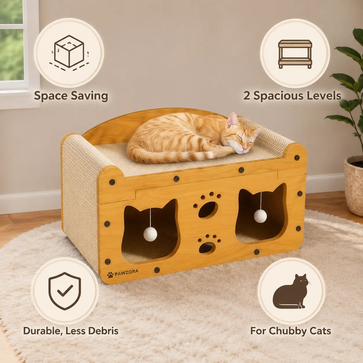 Compact Wooden Base Cat Furniture with Geometric Design, Detachable Components, Durable Construction, Spacious Bed, Indoor Scratching Tree, Natural Sisal Scratcher, and Interactive Ball Toy