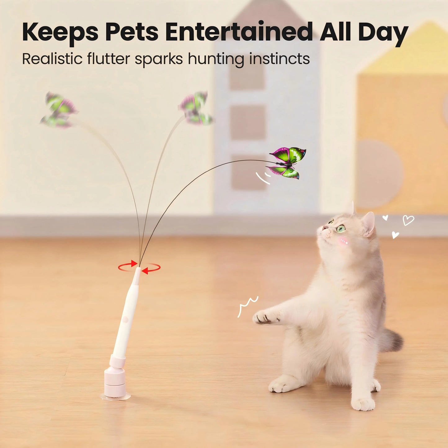 USB Rechargeable Rotating Butterfly Cat Toy with 360° Spin and Random Movement - Dual Modes for Self-Play and Handheld Use, Featuring a Durable Suction Cup Base for Kittens and Adult Cats