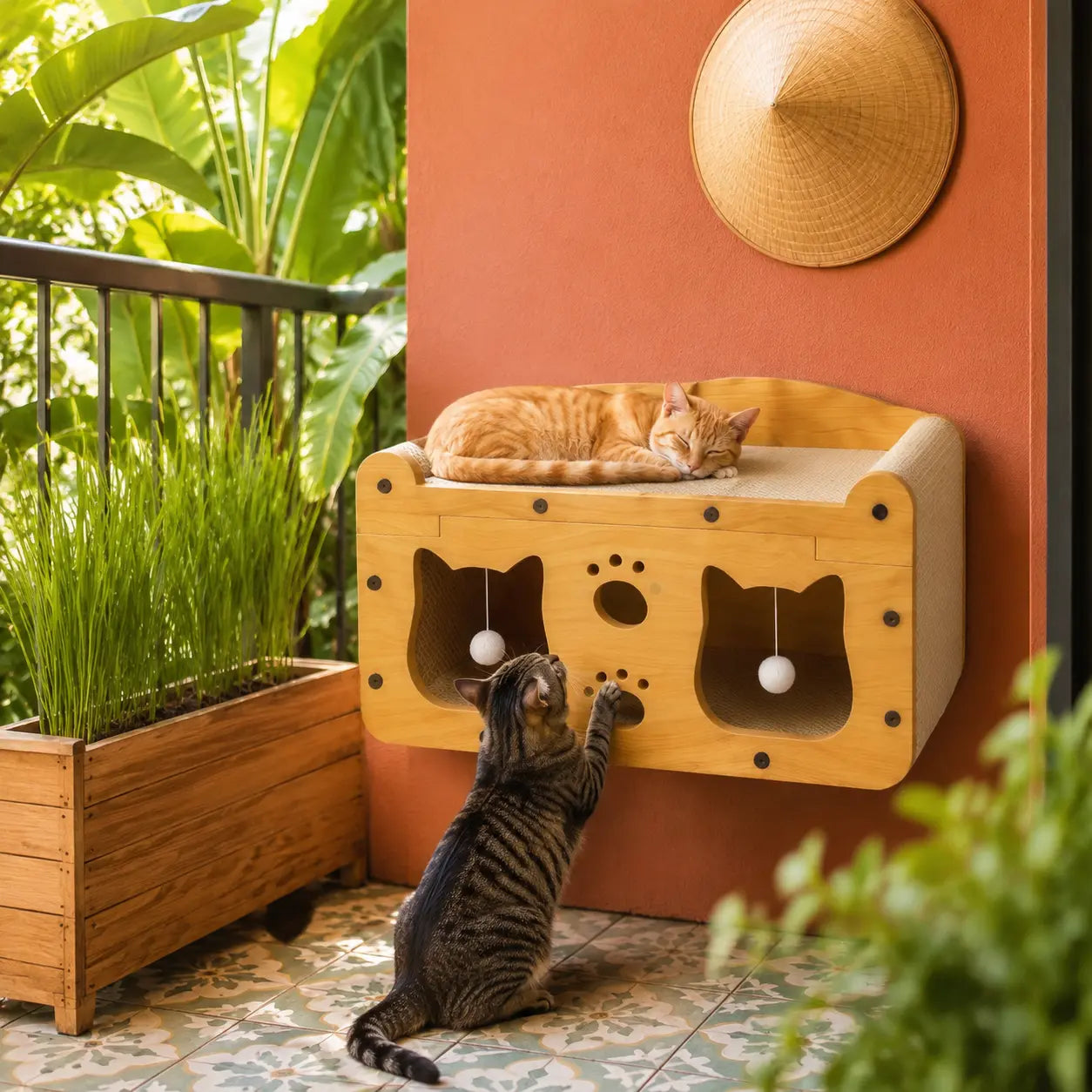 Compact Wooden Base Cat Furniture with Geometric Design, Detachable Components, Durable Construction, Spacious Bed, Indoor Scratching Tree, Natural Sisal Scratcher, and Interactive Ball Toy