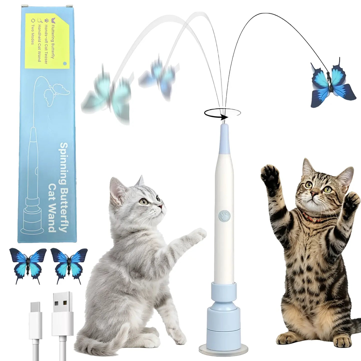 USB Rechargeable Rotating Butterfly Cat Toy with 360° Spin and Random Movement - Dual Modes for Self-Play and Handheld Use, Featuring a Durable Suction Cup Base for Kittens and Adult Cats