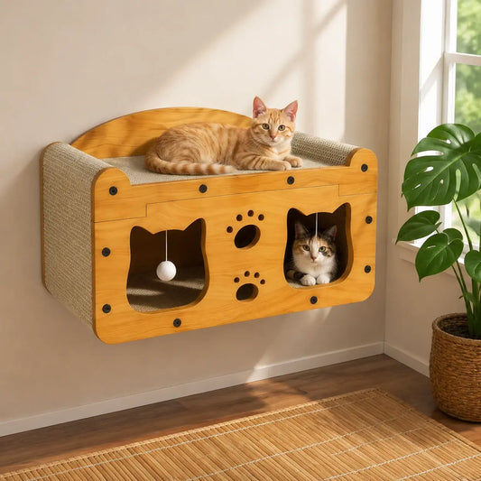 Compact Wooden Base Cat Furniture with Geometric Design, Detachable Components, Durable Construction, Spacious Bed, Indoor Scratching Tree, Natural Sisal Scratcher, and Interactive Ball Toy