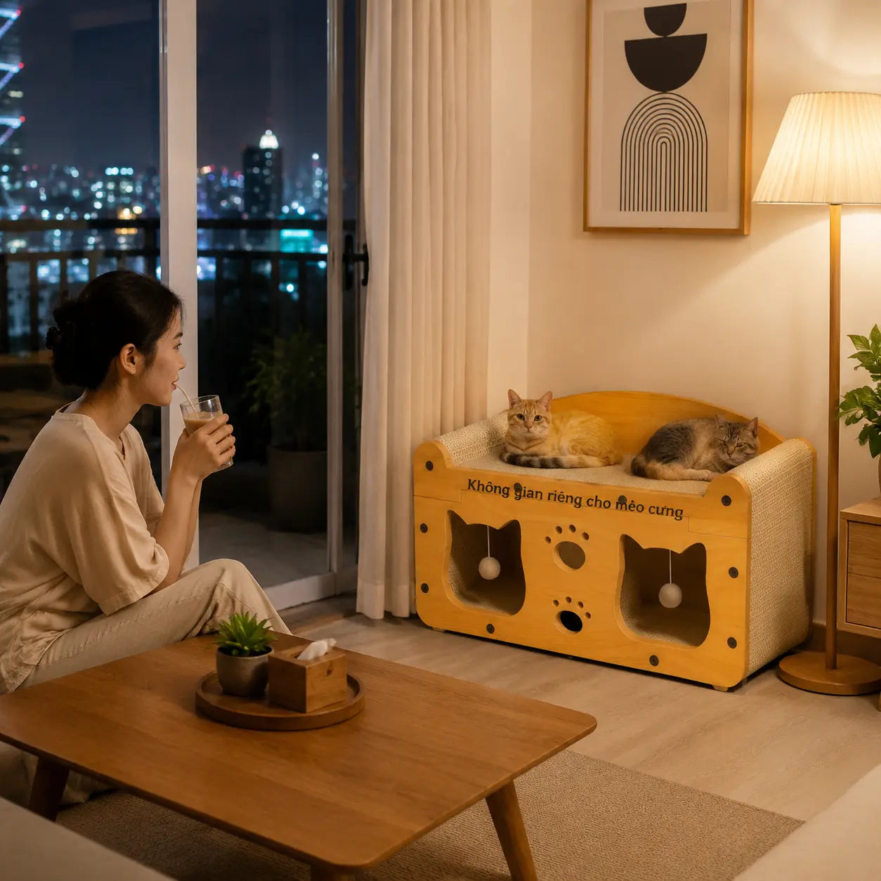 Compact Wooden Base Cat Furniture with Geometric Design, Detachable Components, Durable Construction, Spacious Bed, Indoor Scratching Tree, Natural Sisal Scratcher, and Interactive Ball Toy