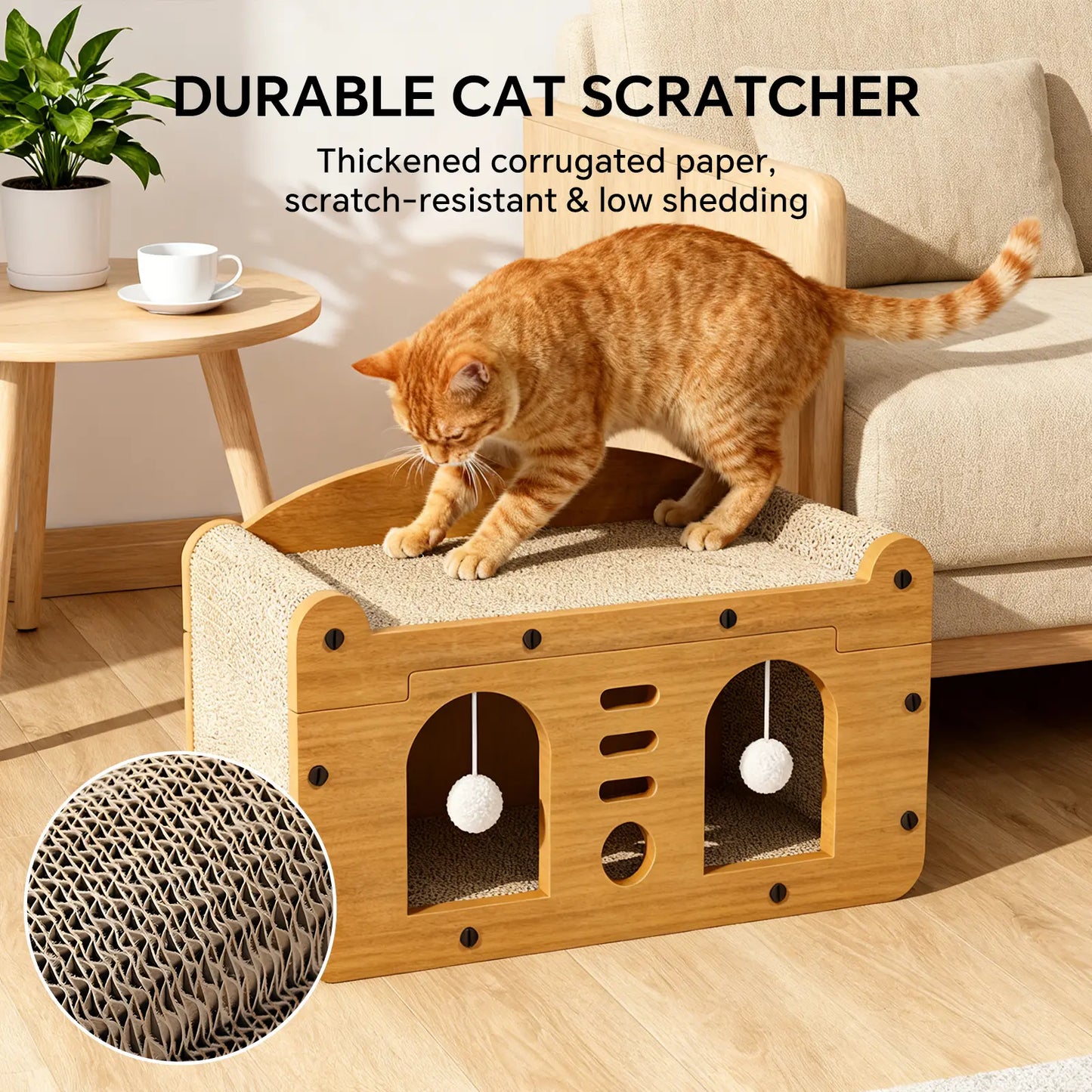 Compact Wooden Base Cat Furniture with Geometric Design, Detachable Components, Durable Construction, Spacious Bed, Indoor Scratching Tree, Natural Sisal Scratcher, and Interactive Ball Toy