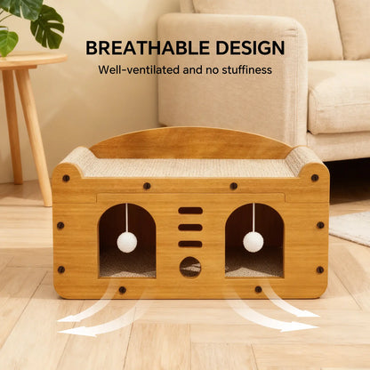 Compact Wooden Base Cat Furniture with Geometric Design, Detachable Components, Durable Construction, Spacious Bed, Indoor Scratching Tree, Natural Sisal Scratcher, and Interactive Ball Toy