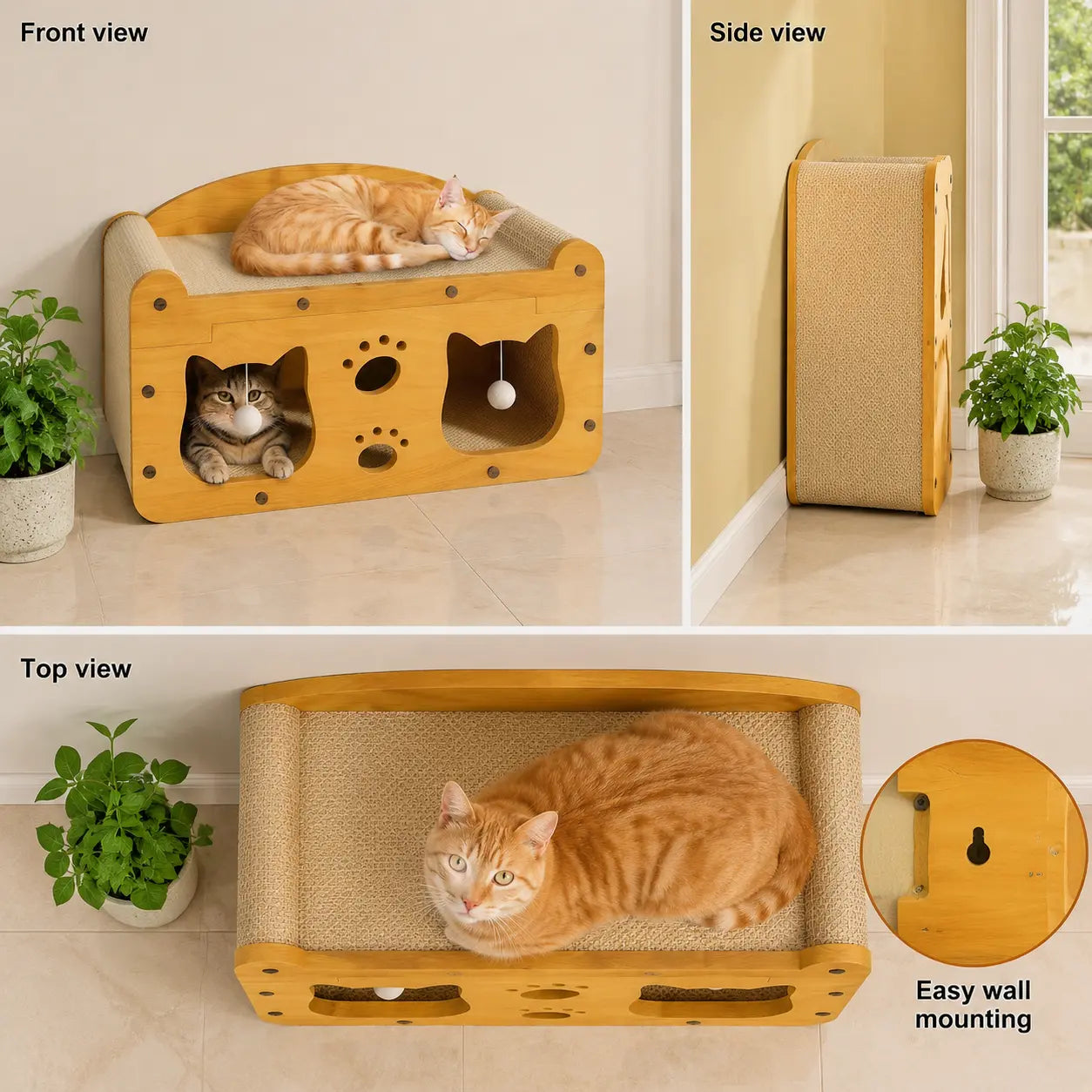 Compact Wooden Base Cat Furniture with Geometric Design, Detachable Components, Durable Construction, Spacious Bed, Indoor Scratching Tree, Natural Sisal Scratcher, and Interactive Ball Toy