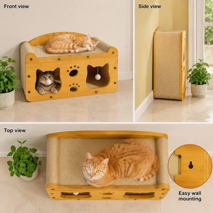Compact Wooden Base Cat Furniture with Geometric Design, Detachable Components, Durable Construction, Spacious Bed, Indoor Scratching Tree, Natural Sisal Scratcher, and Interactive Ball Toy